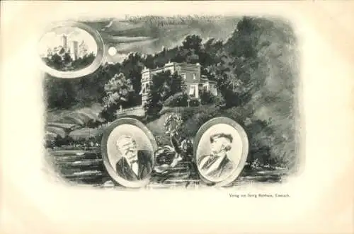 Ak Lutherstadt Eisenach Thüringen, Hellthal, Grafik mit zwei Portraits, alte Villa, Mond, Gebirge
