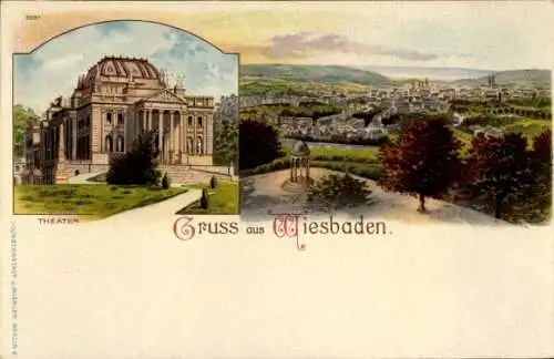 Ak Wiesbaden in Hessen, Theatergebäude, Stadtansicht, grüner Park,  
