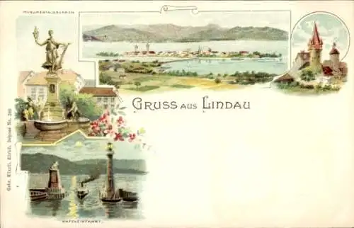 Ak Lindau am Bodensee Schwaben, Monumentale Brunnen, Hafeneinfahrt, Gruss aus Lindau