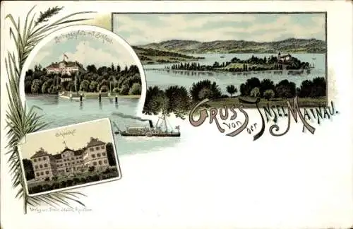Litho Insel Mainau im Bodensee, Panorama, Schlosshof, Landungsplatz