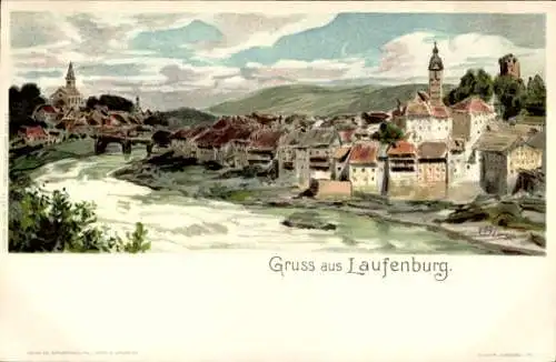 Ak Laufenburg am Hochrhein, Malerische Landschaft, Fluss,  Gebäude, Turm, Brücke