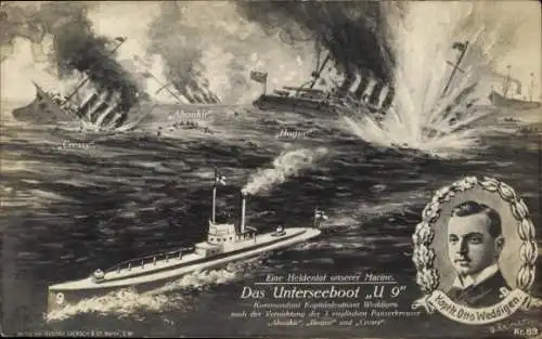 Künstler Ak Deutsches Kriegsschiff, Unterseeboot U-9, Otto Weddigen