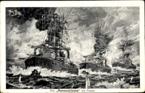 Künstler Ak Thiele, A, Deutsche Kriegsschiffe, Nassauklasse im Feuer