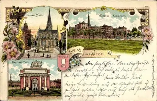 Litho Wesel am Niederrhein, Großer Markt, Kaserne Esplanade, Berliner Tor