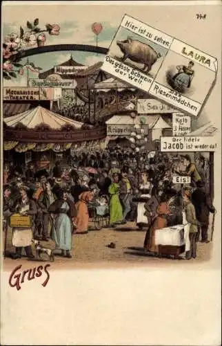 Litho Festplatz, Attraktionen, Karussell, Riesenmädchen Laura, der fidele Jacob, mechan. Theater