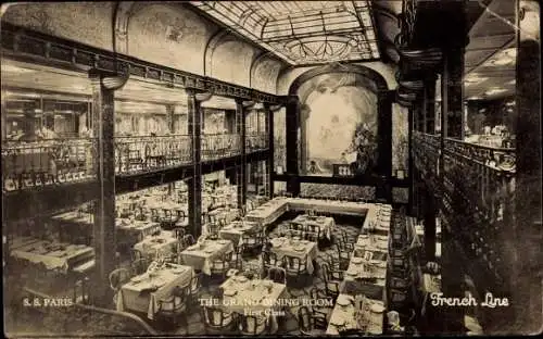 Ak Salondampfer Paris, CGT, French Line, Speisesaal, 1 Klasse, Innenansicht