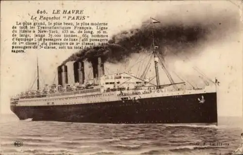 Ak Dampfer Paris, CGT, French Line