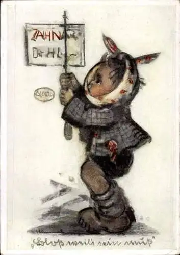 Künstler Ak Hummel, Berta, Nr. 5552, Bloß weil's sein muss, Junge mit Zahnschmerzen