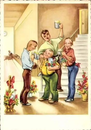 Künstler Ak Kegelbahn, Freunde beim Spielen