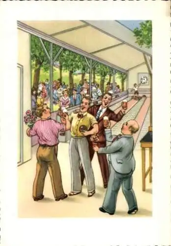 Ak Feiernde Männer, Kegelbahn, Zuschauer