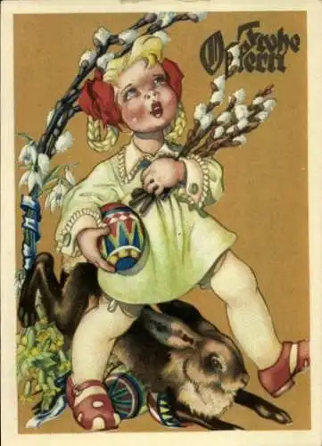 Ak Glückwunsch Ostern, Mädchen mit Ostereiern und Weidenkätzchen, Hase