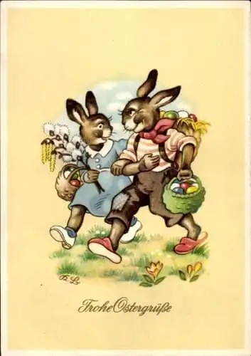 Ak Glückwunsch Ostern, Osterhasen, Körbe, Weidenkätzchen, Ostereier