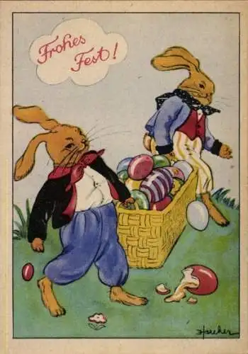 Künstler Ak Glückwunsch Ostern, Osterhasen, Ostereier, Korb