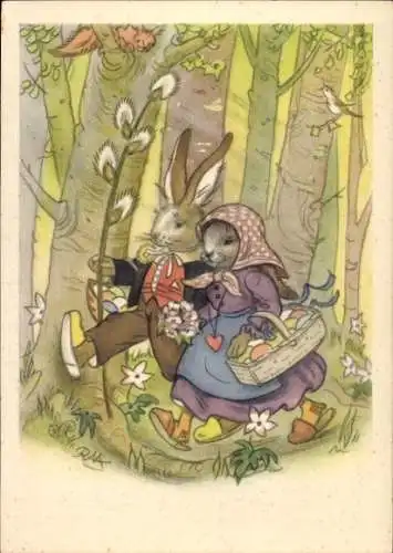 Künstler Ak Ostern, Osterhasen, Ostereier, Weidenkätzchen