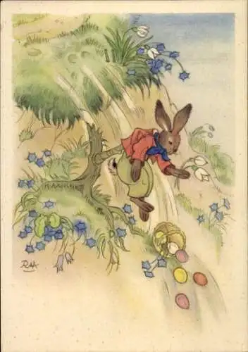 Künstler Ak Ostern, Osterhase hängt am Ast, Korb, Ostereier