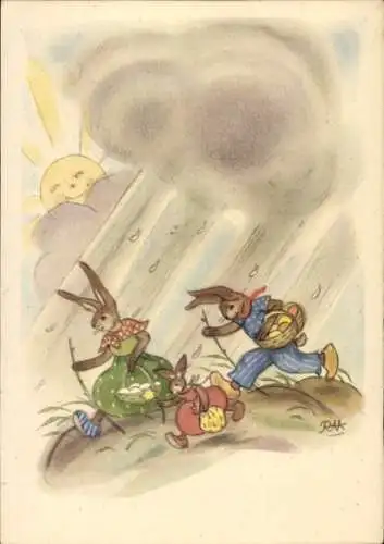 Künstler Ak Ostern, Osterhasen-Familie, Regnerisches Wetter, Ostereier