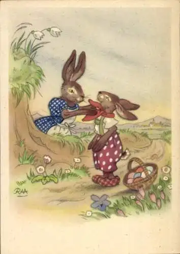 Künstler Ak Ostern, Osterhasen, Korb, Ostereier