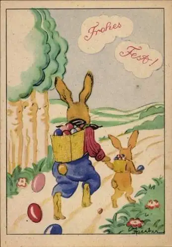 Künstler Ak Glückwunsch Ostern, Osterhasen, Korb, Ostereier