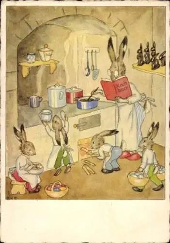Künstler Ak Bohatta Morpurgo, Ida, Die Osterhasenküche, Kochbuch, Hasenkinder, Ostereier