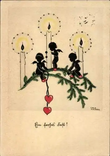 Scherenschnitt Künstler Ak Glückwunsch Weihnachten, Engel, Tannenzweige