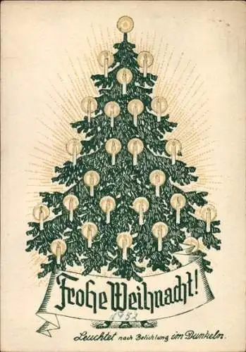 Ak Frohe Weihnachten, Tannenbaum, leuchtet nach Belichtung im Dunkeln, Feldpost 1. WK