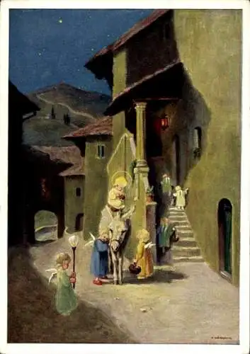 Künstler Ak Glückwunsch Weihnachten, Engel, Häuser, Laternen
