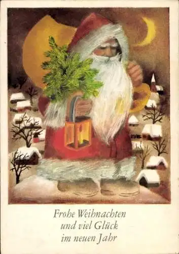 Ak Glückwunsch Weihnachten, Weihnachtsmann mit Tannenbaum, schneebedeckte Häuser