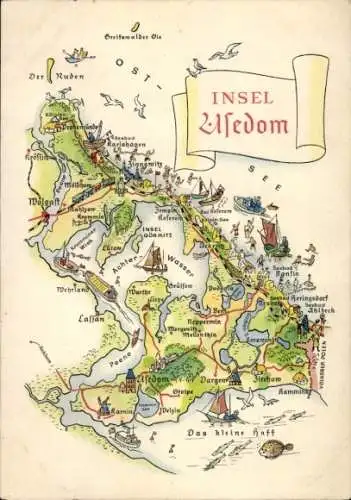 Landkarten Ak Insel Usedom, Zinnowitz, Heringsdorf, Bansin, Wolgast, Lassan