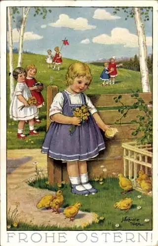 Künstler Ak Glückwunsch Ostern, Mädchen füttert Küken