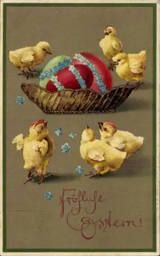 Präge Ak Glückwunsch Ostern, Küken, Ostereier
