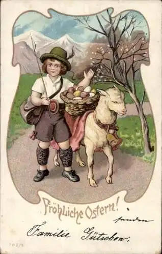 Litho Glückwunsch Ostern, Hirt mit Lamm und Ostereiern