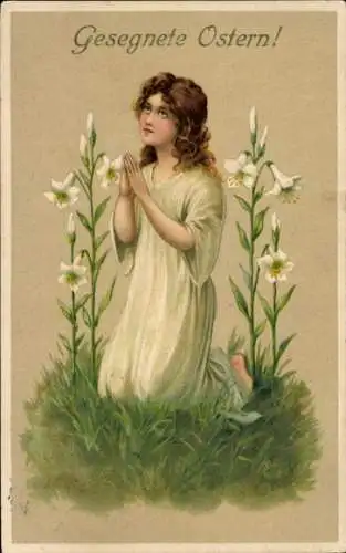 Präge Ak Glückwunsch Ostern, Betendes Mädchen, Blumen