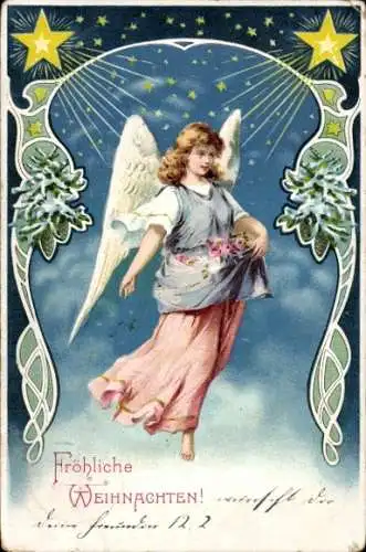 Litho Glückwunsch Weihnachten, Engel, Blumen