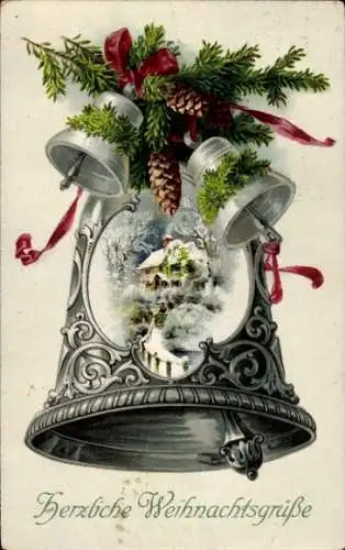 Ak Glückwunsch Weihnachten, Glocken, Tannenzapfen