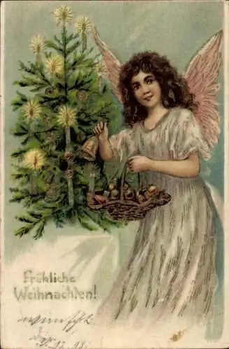 Präge Litho Glückwunsch Weihnachten, Glocken, Engel, Tannenbaum