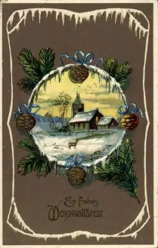 Passepartout Ak Glückwunsch Weihnachten, Reh, Kirche, Tannenzapfen