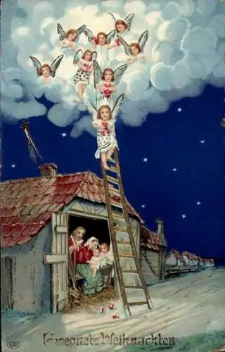 Präge Ak Glückwunsch Weihnachten, Heilige Familie, Engel