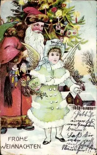 Ak Glückwunsch Weihnachten, Engel, Weihnachtsmann, Tannenbaum, Geschenke