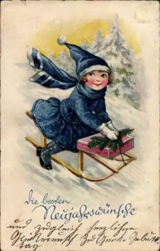 Ak Glückwunsch Neujahr, Mädchen fährt Schlitten
