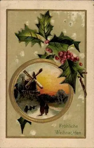 Präge Ak Glückwunsch Weihnachten, Stechpalme, Windmühle
