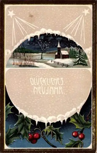 Präge Ak Glückwunsch Neujahr, Verschneite Ortschaft, Sterne
