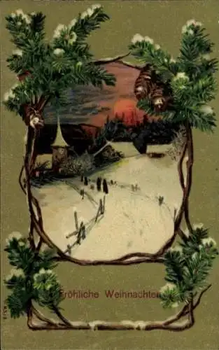 Präge Passepartout Ak Glückwunsch Weihnachten, Tannenzweige, Tannenzapfen