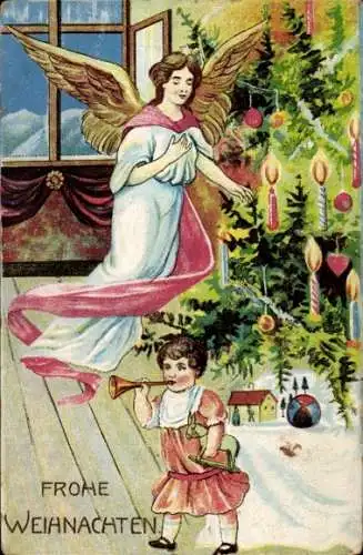 Präge Ak Glückwunsch Weihnachten, Engel, Tannenbaum, Kind, Spielzeuge