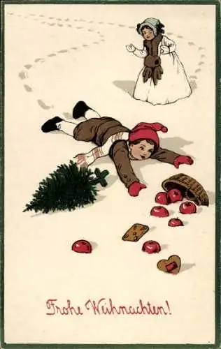 Ak Glückwunsch Weihnachten, Tollpatschiger Junge, Korb, Tannenbaum, Äpfel, Schnee