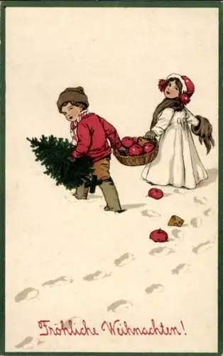 Präge Litho Glückwunsch Weihnachten, Zwei Kinder mit einem Korb voll Äpfeln und Tannenbaum