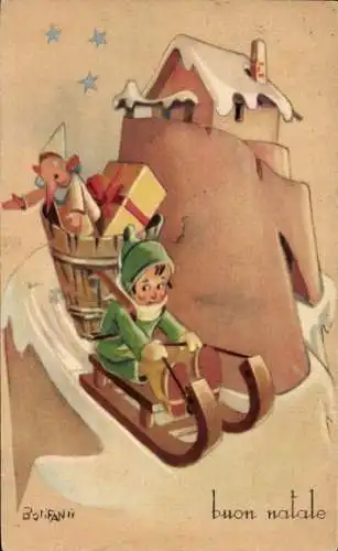 Künstler Ak Glückwunsch Weihnachten, Kind, Schlitten, Geschenke