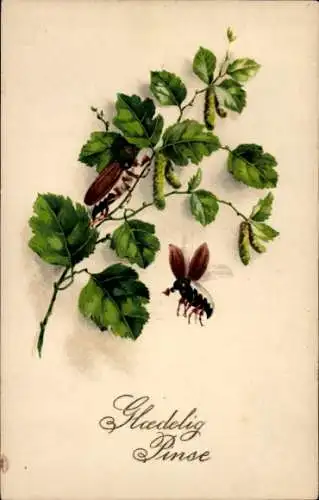 Ak Glückwunsch Pfingsten, Maikäfer, Laubblätter