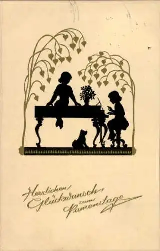 Scherenschnitt Künstler Ak Dobsky, K., Glückwunsch Namenstag, Kinder, Hund