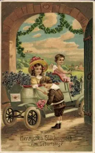 Präge Litho Glückwunsch Namenstag, Flieder, Rosen, Engel, Wagen