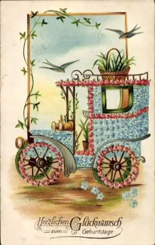 Präge Ak Glückwunsch Geburtstag, Auto, Blumen, Vögel